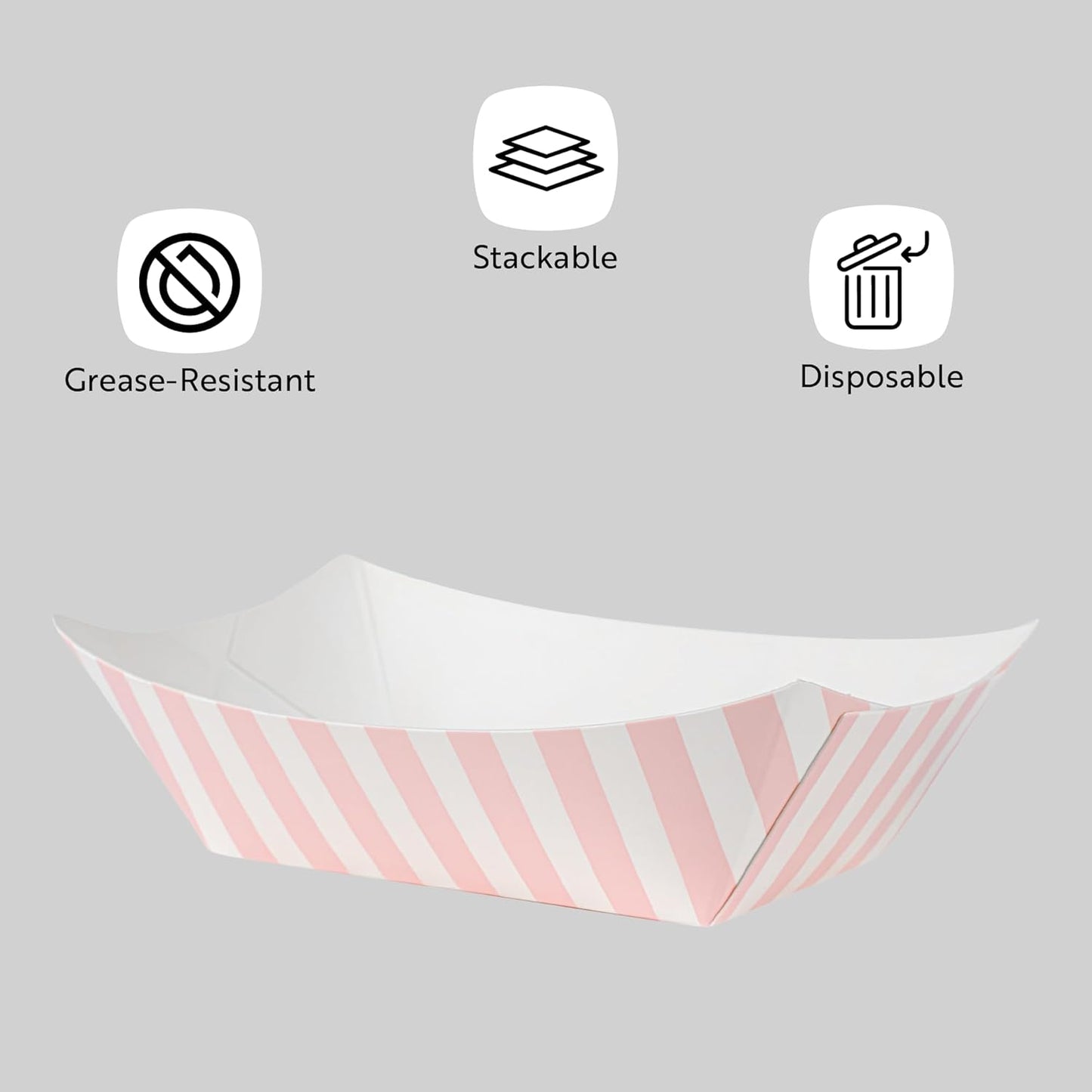 Restaurantware-Bio Tek 6 Ounce Boat Paper Boats, 50 Disposable #40 Food Trays - PE Lining, Durable, Pink And White Striped Paper Food Baskets, For Concession Stands, Picnics, or Fairs, Stackable