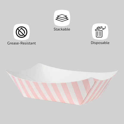 Restaurantware-Bio Tek 6 Ounce Boat Paper Boats, 50 Disposable #40 Food Trays - PE Lining, Durable, Pink And White Striped Paper Food Baskets, For Concession Stands, Picnics, or Fairs, Stackable
