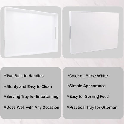 White Serving Tray for Coffee Table, Rectangular Plastic Decorative Tray with Handles for Entertaining, Outdoor Patio, Living Room, Ottoman, Bathroom Counter, 11.8”*15.7”*1.6”
