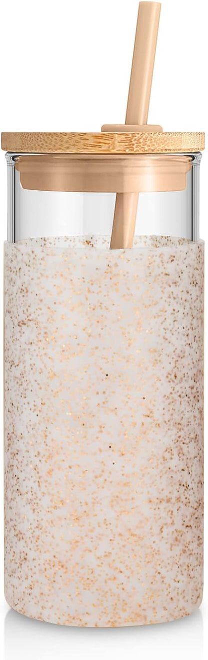 Tronco 20 oz Glass Tumbler with Lid and Straw, Iced Coffee Cup and Smoothie Cup with Bamboo Lids & Protective Silicone Sleeve, Dishwasher Safe, BPA-Free, Glass Cup 1 Pack