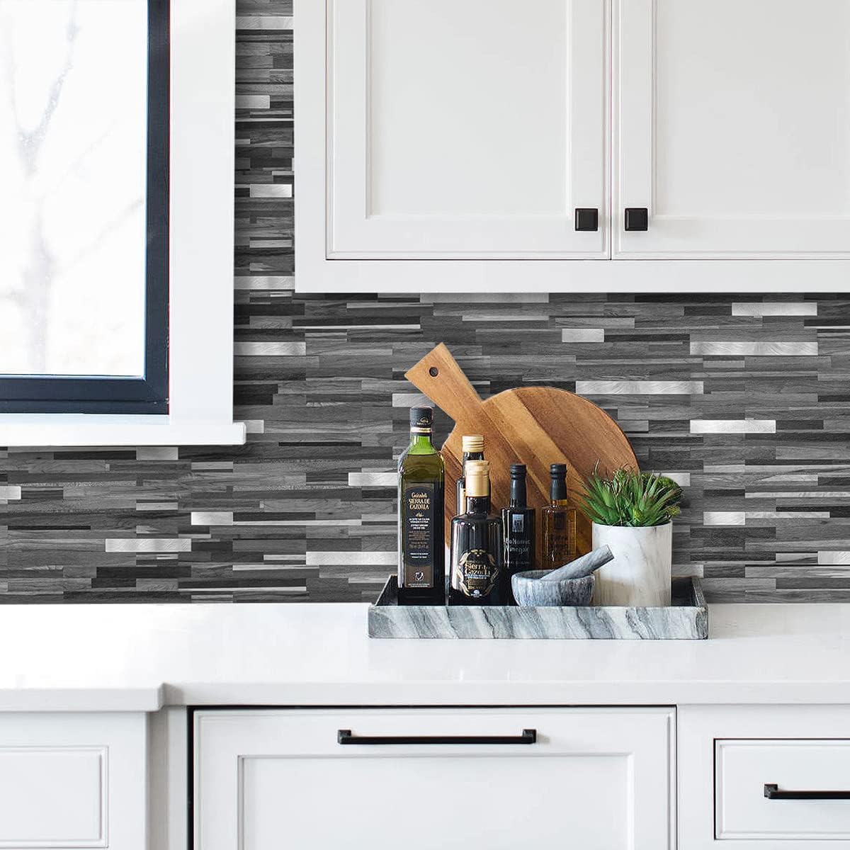 AULIGET Peel and Stick Backsplash, Black & Grey Wood Look PVC Mixed Metal Stick on Bathroom Backsplash, 2