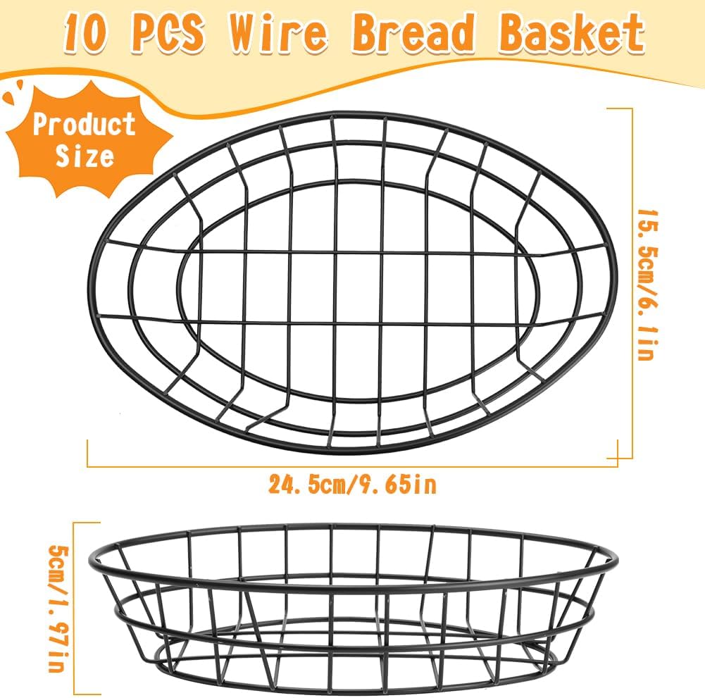 10 Pcs Wire Bread Basket Bulk 9.5 x6.2 x2.2 Inch Large Oval Metal Dinner Roll Baskets for Serving Fruit Bowl Storage with 50 Sheet Deli Wrapper Paper for Restaurant Kitchen Fast Food