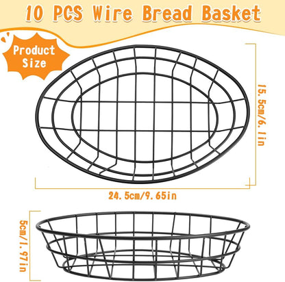 10 Pcs Wire Bread Basket Bulk 9.5 x6.2 x2.2 Inch Large Oval Metal Dinner Roll Baskets for Serving Fruit Bowl Storage with 50 Sheet Deli Wrapper Paper for Restaurant Kitchen Fast Food