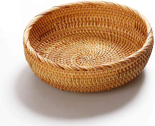 Hadewoven Round Rattan Fruit Basket Wicker Food Tray Weaving Storage Holder Dinning Room Bowl, 8 Inch Small Bread Baskets Tray for Serving with Deep Wall, Brown (Small 7.48”)