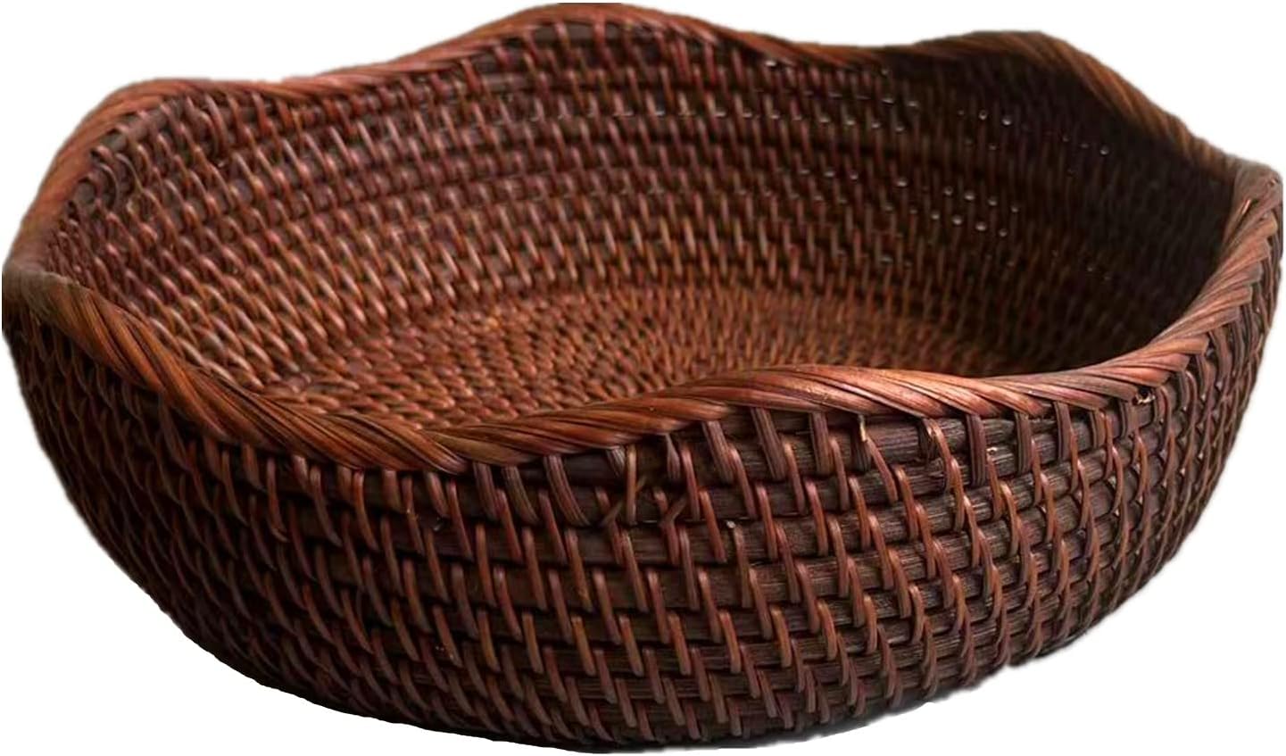 Handmade Rattan Round Fruit Basket Food Storage Bowls Kitchen Organizer Snack Serving Bowl 10 Inch Wavy Edge Circle Tray Basket with 3” Deep Wall, Dark Brown Décor Display Tray Bowl, M