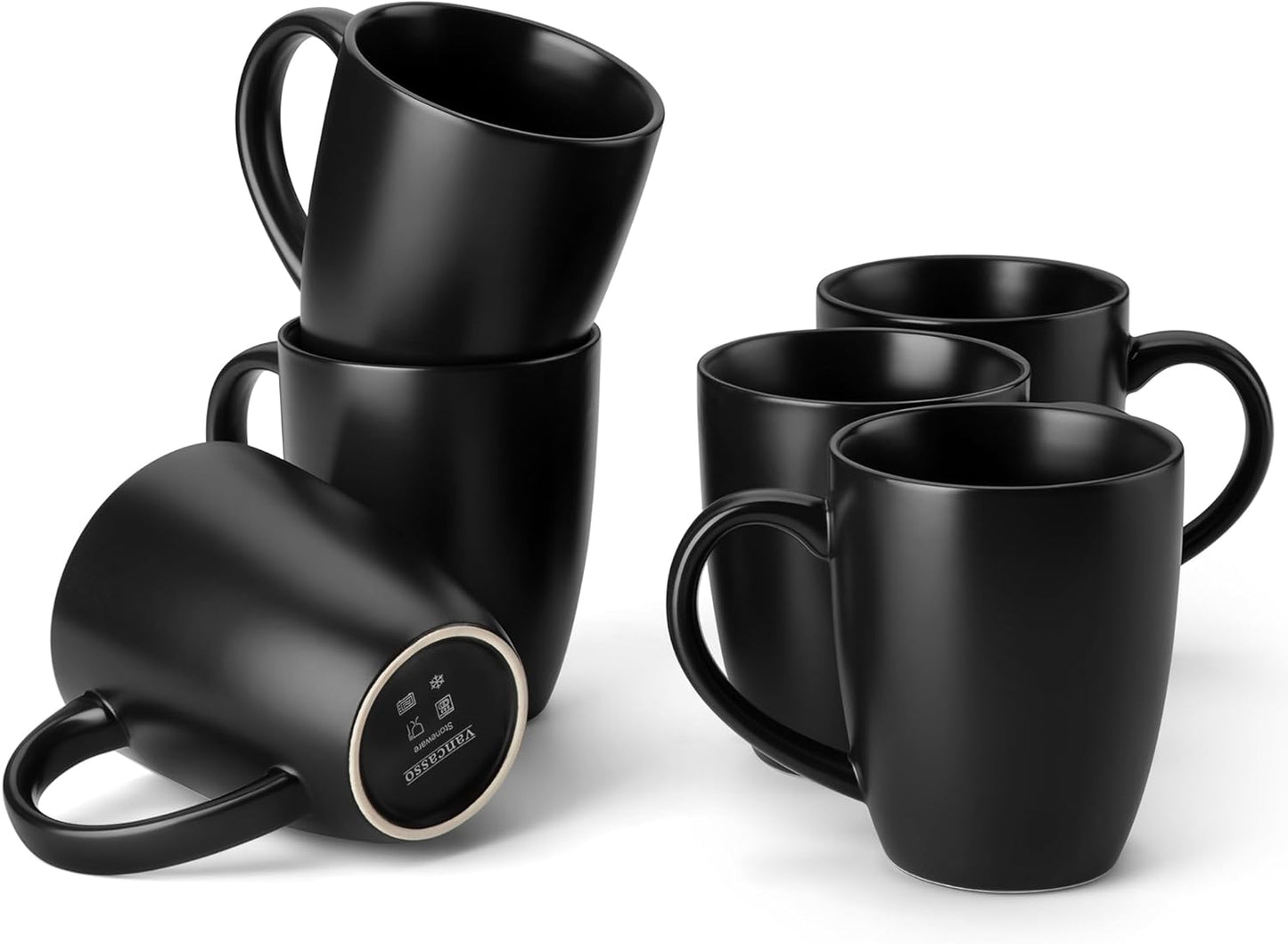 vancasso PLAYA Ceramic Coffee Mug Set of 6, 16 Oz Tea Cups with Handle for Latte, Tea, Cappuccino, Milk, Cocoa, Microwave&Dishwasher Safe, Black