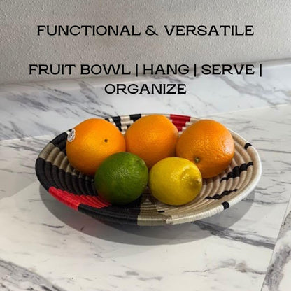 Handwoven African Basket Handmade sisal Fruit Bowl Wall Hanging decorative Baskets for Home Living Room Kitchen Centerpiece Zen Designs Arts and Crafts (Black Natural Geometric, 12in diameter)