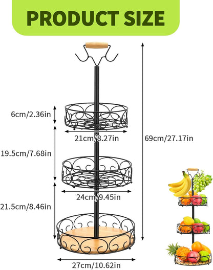WCHOSOZH 3 Tier Fruit Basket for Kitchen Counter, Fruit Vegetables Bowl Stand with 2 Banana Hangers,Metal Tiered Display Holder for Bread Snack Organization Storage Baskets(Black)