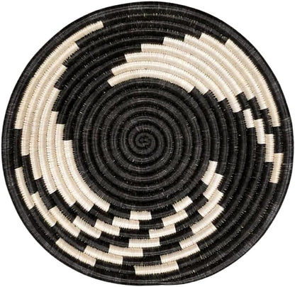 Handwoven African Basket Handmade sisal Fruit Bowl Wall Hanging decorative Baskets for Home Living Room Kitchen Centerpiece Zen Designs Arts and Crafts (Black Natural Geometric, 12in diameter)