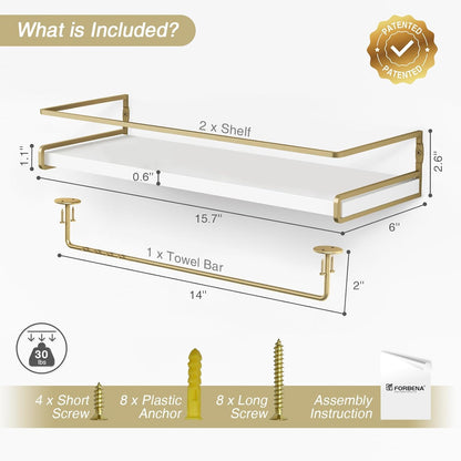 Forbena Floating Bathroom Shelves Wall Mounted, Aesthetic White and Gold Shelves for Bathroom Accessories, Modern Bathroom Organizer with Tower Bar for Wall Decor Storage Small Spaces, Set of 2