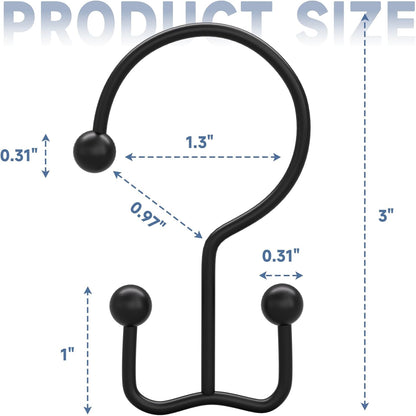 Titanker Shower Curtain Hooks Black, Minimalist Simple Double Glide Shower Curtain Rings, Rust Proof Metal Shower Hooks Rings for Bathroom Shower Rods Curtains, Set of 12 Hooks
