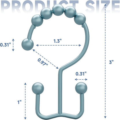 Titanker Shower Curtain Hooks Rings, Rust-Resistant Metal Double Glide Shower Hooks for Bathroom Shower Rods Curtains, Set of 12 Hooks - Lightcyan