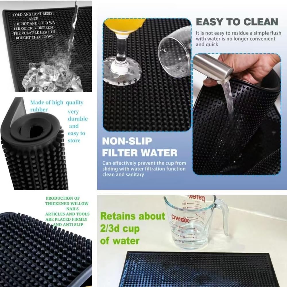 WANGCHAO 4Pack Black Bar Mats 18" x 12" Rubber Dish Drying Mat for Countertop Non Slip Cocktail Service Spill Mats for Bartending Coffee Bar or Home Kitchen (4pcs18x12)
