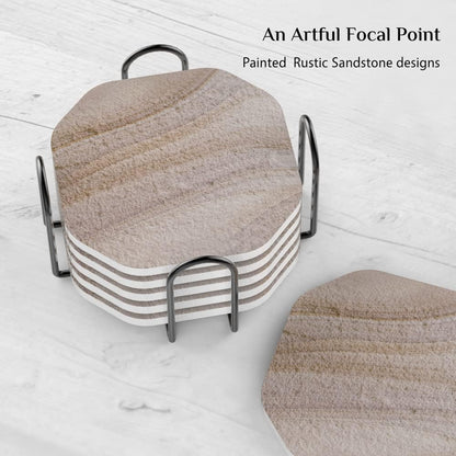 UMIRRO Stone Coasters for Drinks Absorbent for Wooden Coffee Table, Ceramic Stoneware Cup Coasters with Holder for Cold Beer or Hot Tea, Condensation Absorbing, Sandstone Style, Thirsty-Clay, 6 Pack