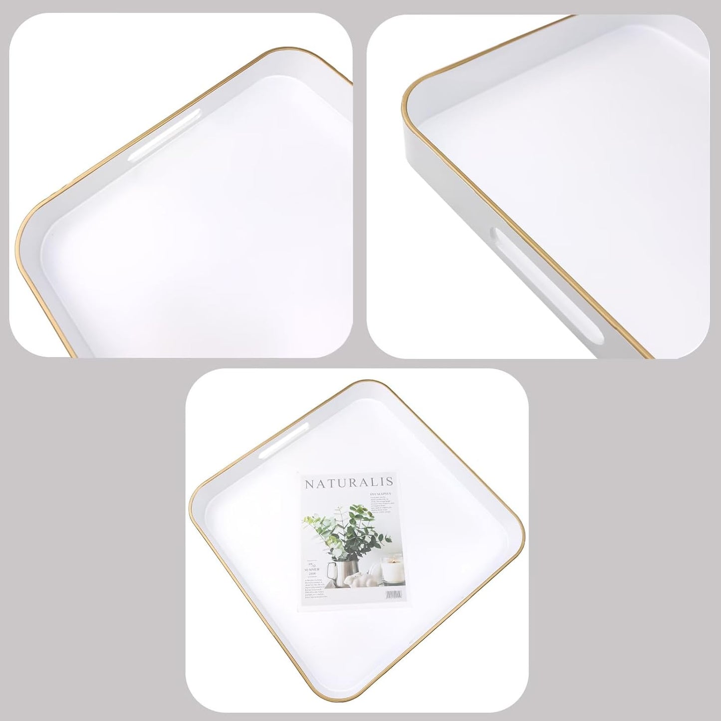 White Square Decorative Tray with Handles, 13"*13" Versatile Serving Tray for Coffee Table, Ottoman, Ideal for Serving, Displaying, Organizing