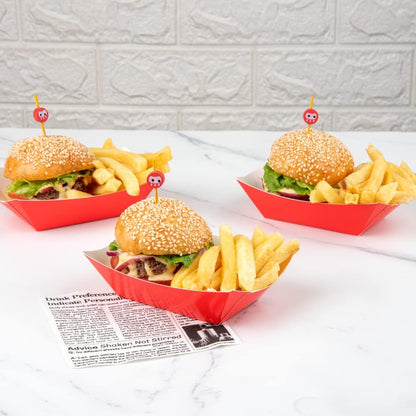 Restaurantware Bio Tek 6 Ounce Boat Paper Boats 50 Disposable #40 Food Trays - PE Lining Durable Red Paper Food Baskets For Concession Stands Picnics or Fairs Stackable