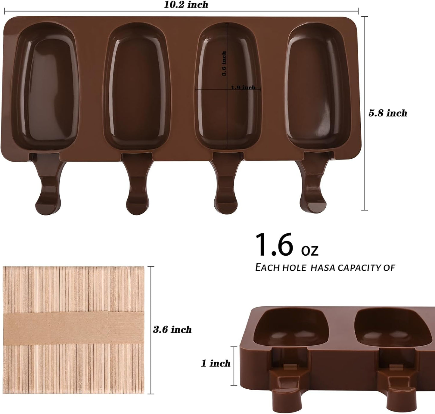 WMKGG Popsicle Silicone Molds Set, 2 PCS Ice Cream Molds with 50 Wooden Sticks for Cake Pop, Ice Pop, Cakesicles (Standard Size/Coffee)