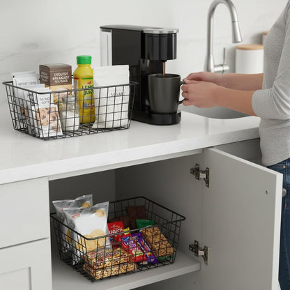 Kitchen Wire Baskets Farmhouse Decor Metal Food Storage Organizer,Household Refrigerator Bin with Built-in Handles for Cabinets,Pantry,Bathroom,Black