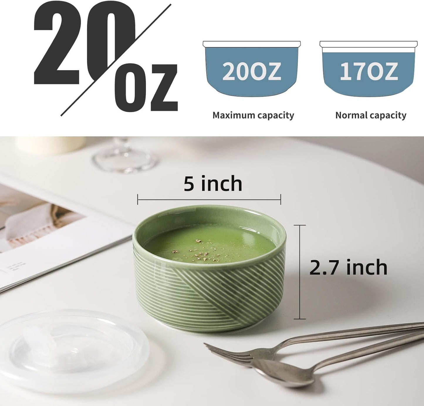 Ceramic Bowls with Lids: 20 oz Microwave Safe Food Storage Containers for Soup, Salad, Cereal, Leftovers, Meal Prep, Lunch, Picnic, Camping, Serving - Airtight, Green, Set of 4