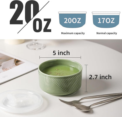 Ceramic Bowls with Lids: 20 oz Microwave Safe Food Storage Containers for Soup, Salad, Cereal, Leftovers, Meal Prep, Lunch, Picnic, Camping, Serving - Airtight, Green, Set of 4