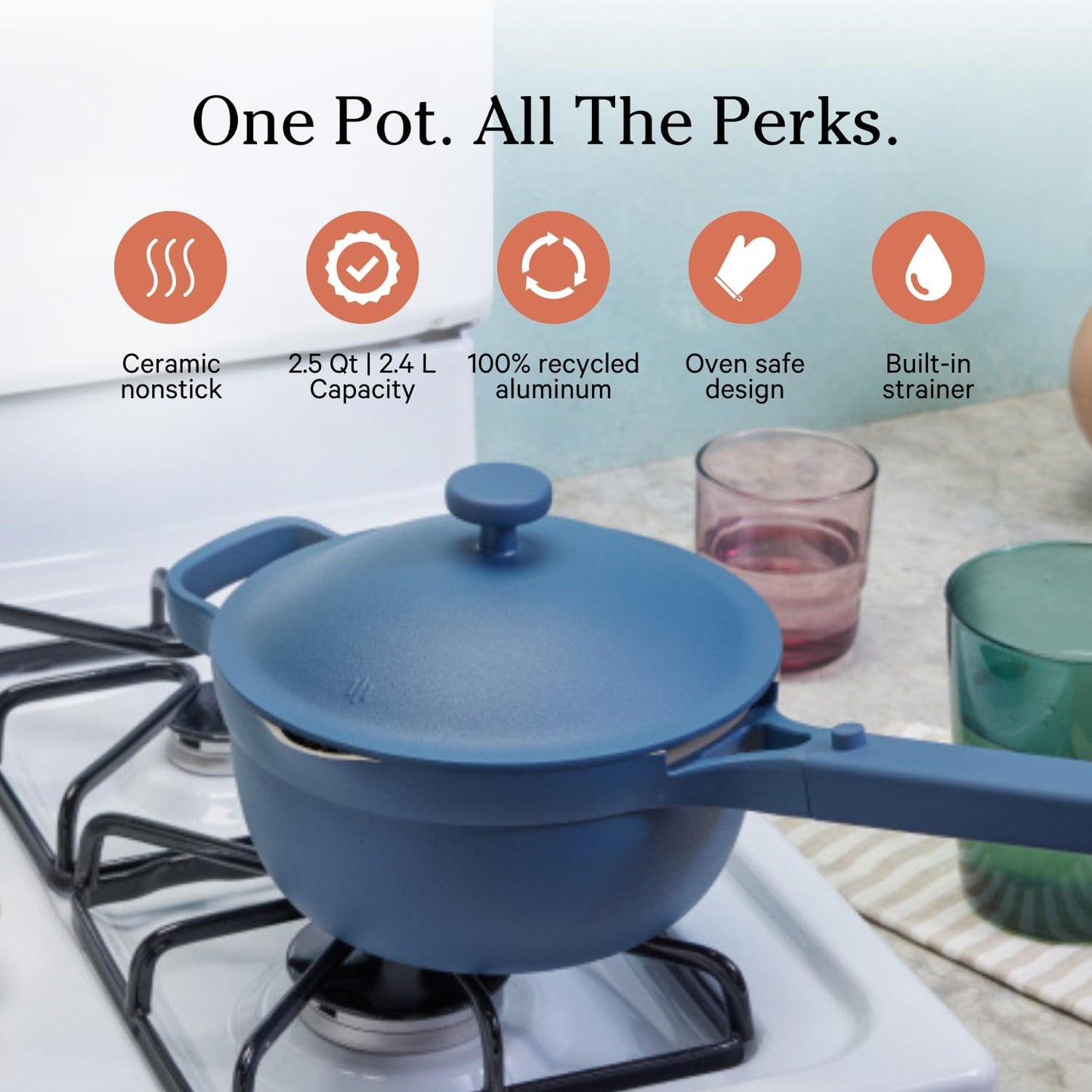 Our Place Perfect Pot -Mini 2.5Qt Nonstick Ceramic Sauce Pan with Lid | Versatile Cookware for Stovetop and Oven | Steam, Bake, Braise, Roast | PTFE & PFOA-Free | Toxin-Free, Easy to Clean | Blue Salt
