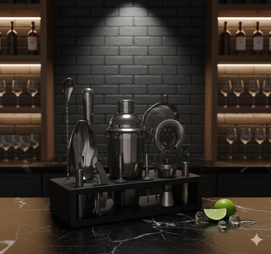 Highball & Chaser 13-Piece Cobbler Cocktail Shaker Set: Black Polished Stainless Steel Bartender Kit for Home Bar Set | Laser Engraved Tools Plus E-Book with 30 Recipes