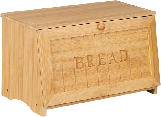HOMEKOKO Vintage Large Wood Bread Box for Kitchen Counter, Retro Design Single Layer Bamboo Large Capacity Food Storage Bin (Natural Bamboo)