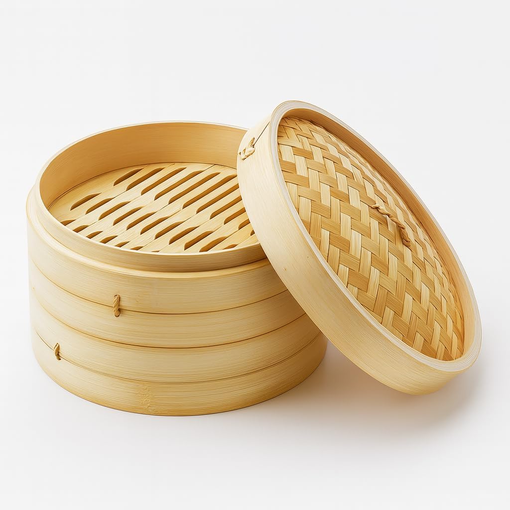 JapanBargain, Chinese Bamboo Steamer Steaming Basket for Vegetable Seafood Dim Sum Dumpling Bun Egg, 8-inch