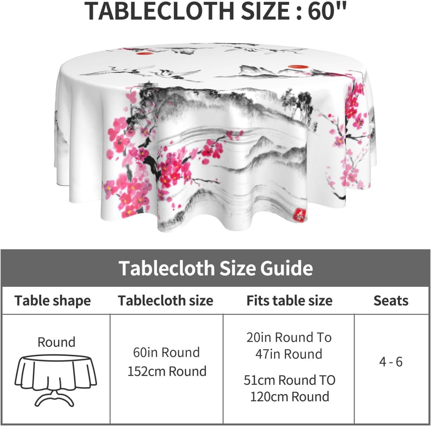 Japanese Tablecloth, Traditional Vintage Landscape Oriental Crane Temple Chinoiserie Water Resisitant Wipeable Table Cover for Dining Kitchen Living Room Home Party Holiday Decor 70 inch Round