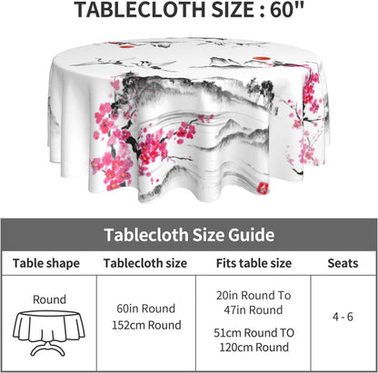 Japanese Tablecloth, Traditional Vintage Landscape Oriental Crane Temple Chinoiserie Water Resisitant Wipeable Table Cover for Dining Kitchen Living Room Home Party Holiday Decor 70 inch Round