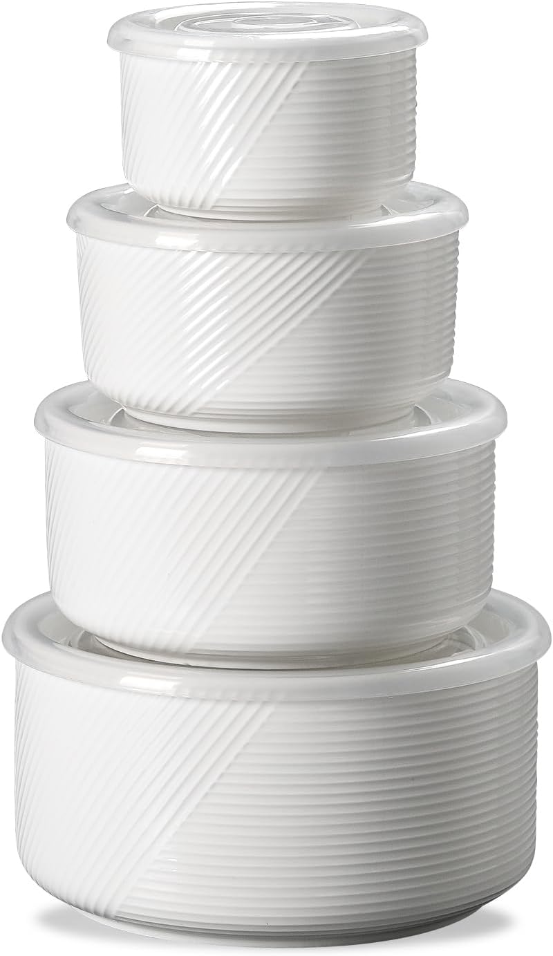 Ceramic Nesting Bowls with Lids: Mixing Bowls with Lids - Porcelain Food Storage Containers For Prep and Serving, Microwavable Kitchen Bowl Set of 4, 50/32/20/10 oz (White)