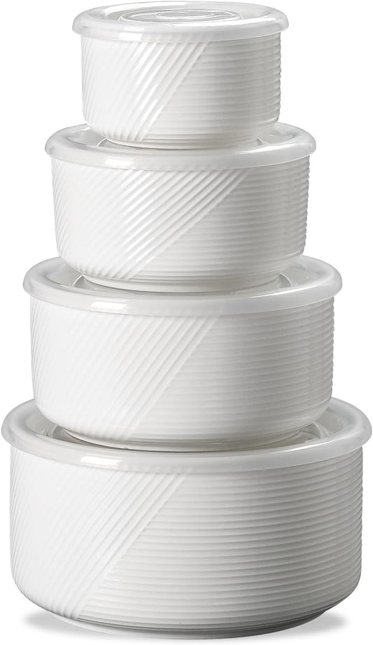Ceramic Nesting Bowls with Lids: Mixing Bowls with Lids - Porcelain Food Storage Containers For Prep and Serving, Microwavable Kitchen Bowl Set of 4, 50/32/20/10 oz (White)
