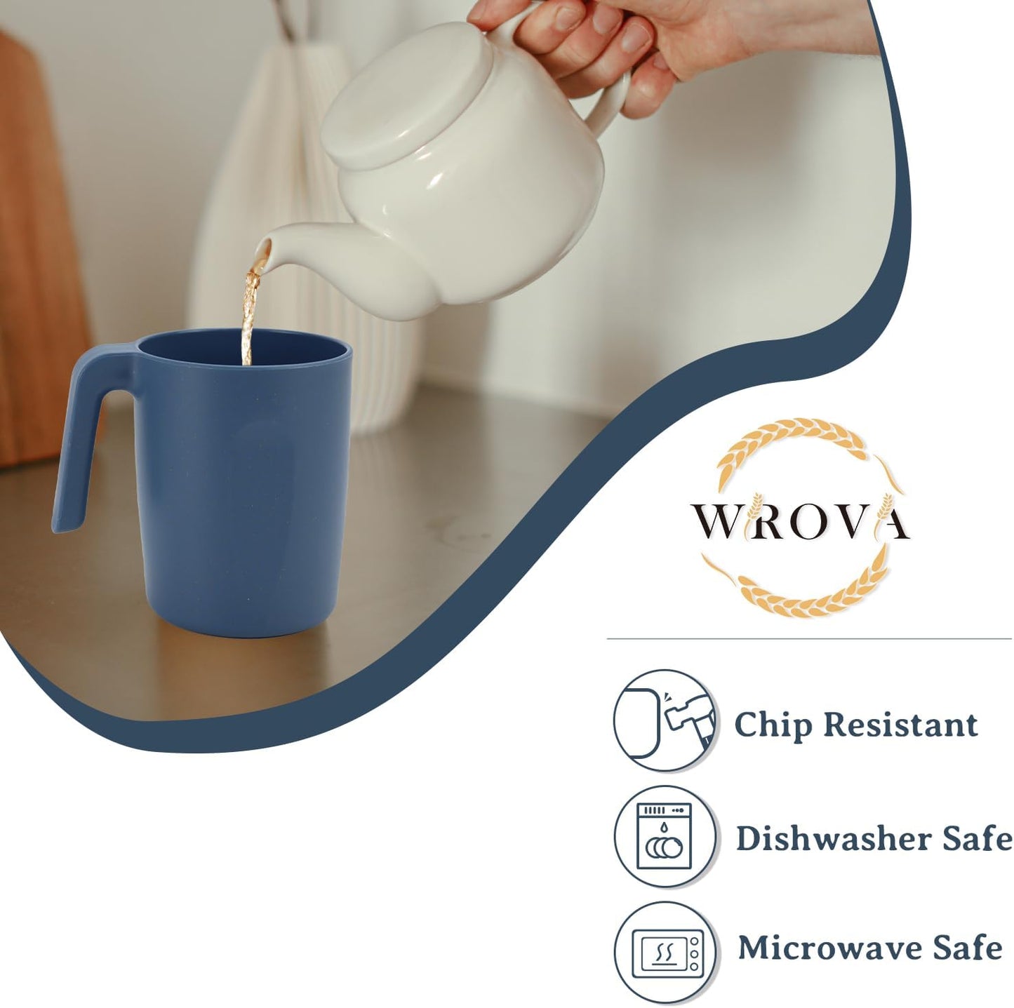 Wrova 16oz Wheat Straw Cups with handles set of 6-Plastic Cups Reusable-Unbreakable Kids Mugs-Dishwasher Safe & Microwave Safe-Ideal Plastic Mugs for Tea,Coffee,Camping,RV-Navy Blue