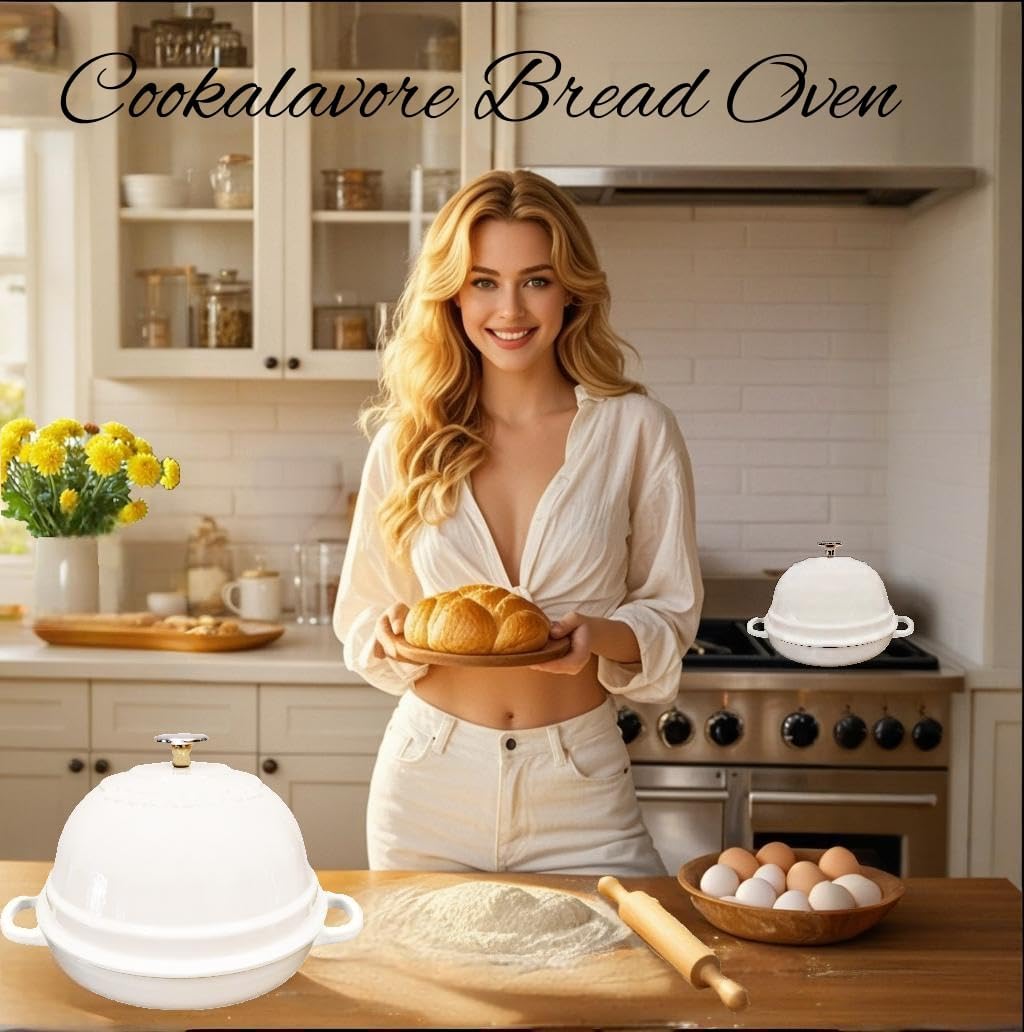 Dutch Oven for Bread Baking,6 Quart Enamel Bread Oven for Sourdough,10.5"Bread Oven with Lid,Bread Pans for Homemade Bread,White Thick Enamel Bread Pan-with Silicone Baking Mat&Recipe,Gifts for Family