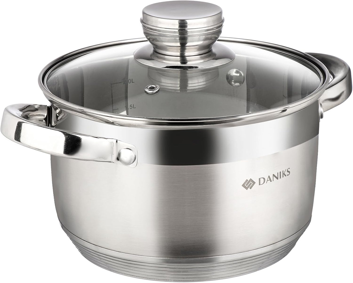 Daniks Standard Stainless Steel Stock Pot with Glass Lid – Induction 3 Quart, Dishwasher Safe, Measuring Scale, For Soup, Pasta, Stew, Silver