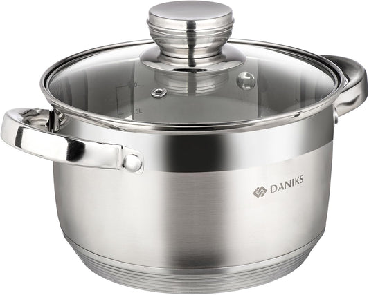 Daniks Standard Stainless Steel Stock Pot with Glass Lid – Induction 3 Quart, Dishwasher Safe, Measuring Scale, For Soup, Pasta, Stew, Silver