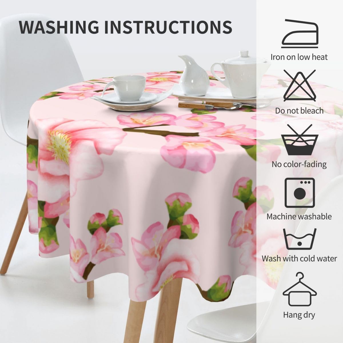 Japanese Tablecloth, Navy Blue Koi Traditional Cherry Blossom Vintage Floral Oriental Water Resisitant Wipeable Table Cover for Dining Kitchen Living Room Home Party Holiday Decor 60 inch Round