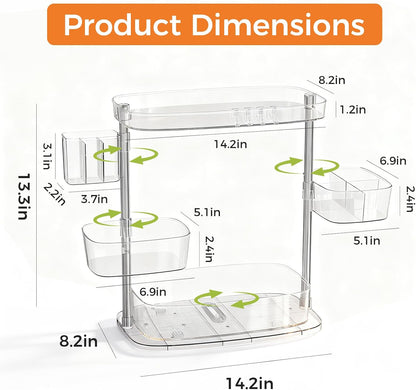 Rotating Makeup Vanity Organizer, Bathroom Countertop Cosmetic Skin Care Storage,Cosmetic Display Case with Brush Holder,for Skincare Perfume Cosmetics,Detachable Hanging Trays & Hooks