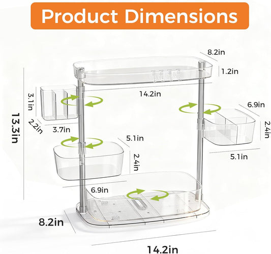 Rotating Makeup Vanity Organizer, Bathroom Countertop Cosmetic Skin Care Storage,Cosmetic Display Case with Brush Holder,for Skincare Perfume Cosmetics,Detachable Hanging Trays & Hooks