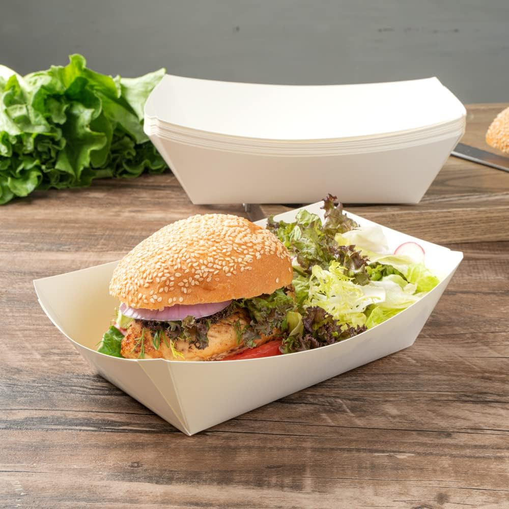 Restaurantware Bio Tek 2 Pound Food Boats 50 Disposable Paper Food Trays - Heavy-Duty Greaseproof White Paper Boats For Snacks Appetizers Or Treats Use At Parties Or Carnivals