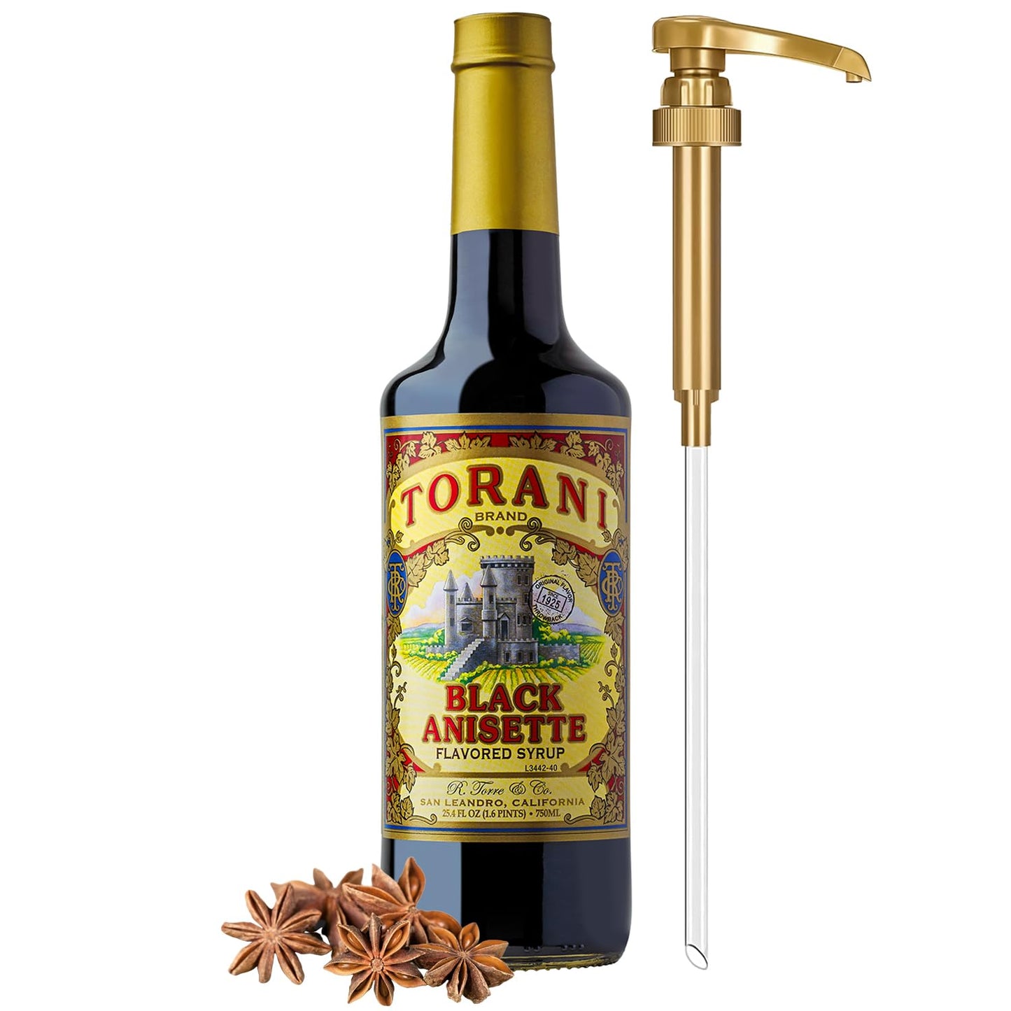 Torani Black Anisette Syrup, 100th Anniversary Flavor for Drinks, Glass Bottle with Pump Included, 25.4 Fl Oz