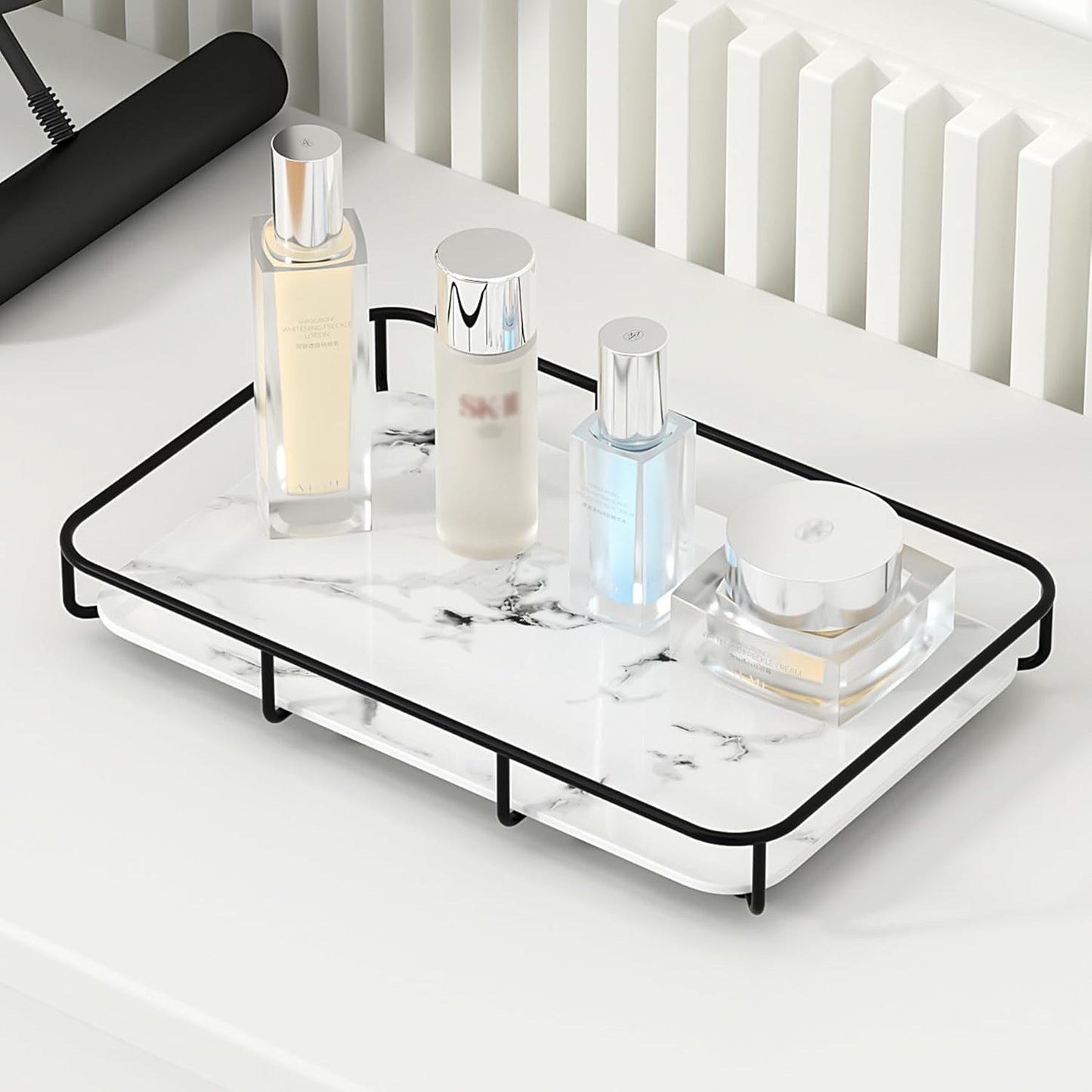 Vanity Tray Makeup Organizer Cosmetics Storage Bathroom Skincare Organizer Countertop Display Rack in Dresser Stainless Steel Shelf Marble Print Ceramic Trays