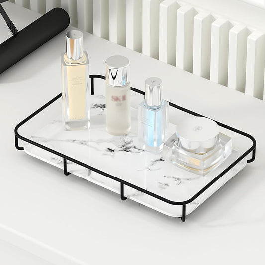 Vanity Tray Makeup Organizer Cosmetics Storage Bathroom Skincare Organizer Countertop Display Rack in Dresser Stainless Steel Shelf Marble Print Ceramic Trays