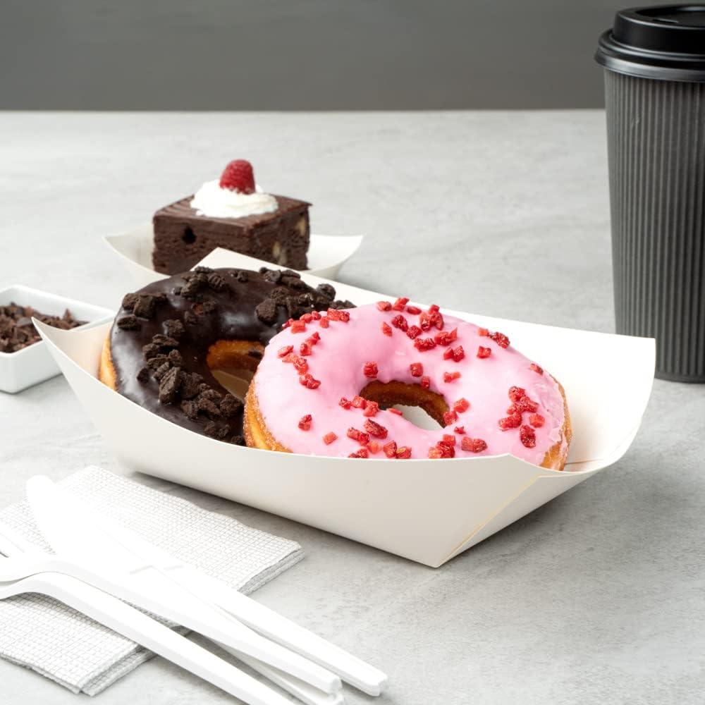 Restaurantware Bio Tek 1 Pound Food Boats 50 Disposable Paper Food Trays - Heavy-Duty Greaseproof White Paper Food Boats For Snacks Appetizers Or Treats Use At Parties Or Carnivals