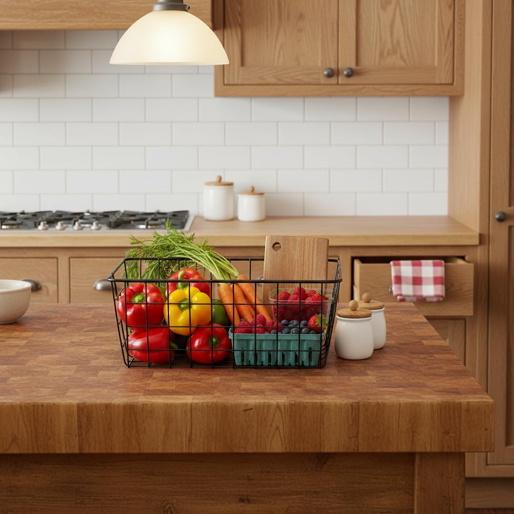 Kitchen Wire Baskets Farmhouse Decor Metal Food Storage Organizer, Household Refrigerator Bin with Built-in Handles for Cabinets,Pantry Set of 2 Black