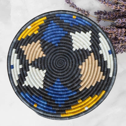 Handwoven African Basket Handmade sisal Fruit Bowl Wall Hanging decorative Baskets for Home Living Room Kitchen Centerpiece Zen Designs Arts and Crafts (Charcoal Grey Blue Tan, 10in diameter)