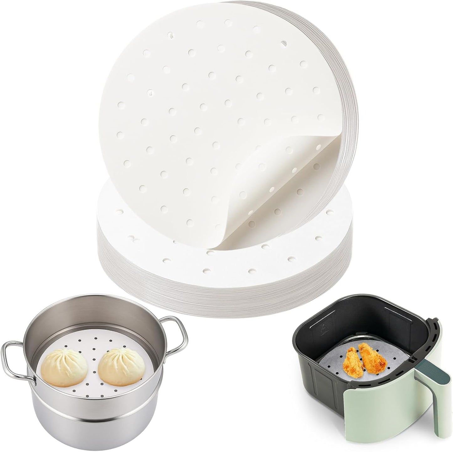 200 PCS Non-Stick Bamboo Steamer Paper, 10" Round Liners with Holes for Steamer Basket, Air Fryer, Bamboo Steamers, and Oven Use
