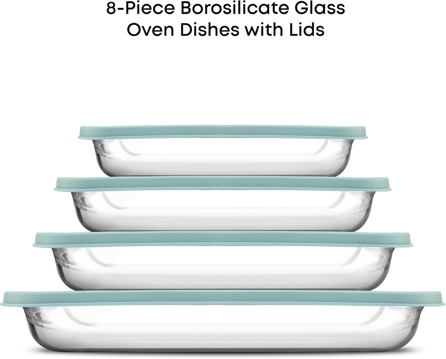 JoyJolt 8-Piece Borosilicate Glass Oven Dishes with Powder Blue Lids, Rectangle Deep Glass Baking Dish Set, Baking Pans for Lasagna Casserole Cake, Bakeware Set, Freezer to Oven Tray to Dishwasher