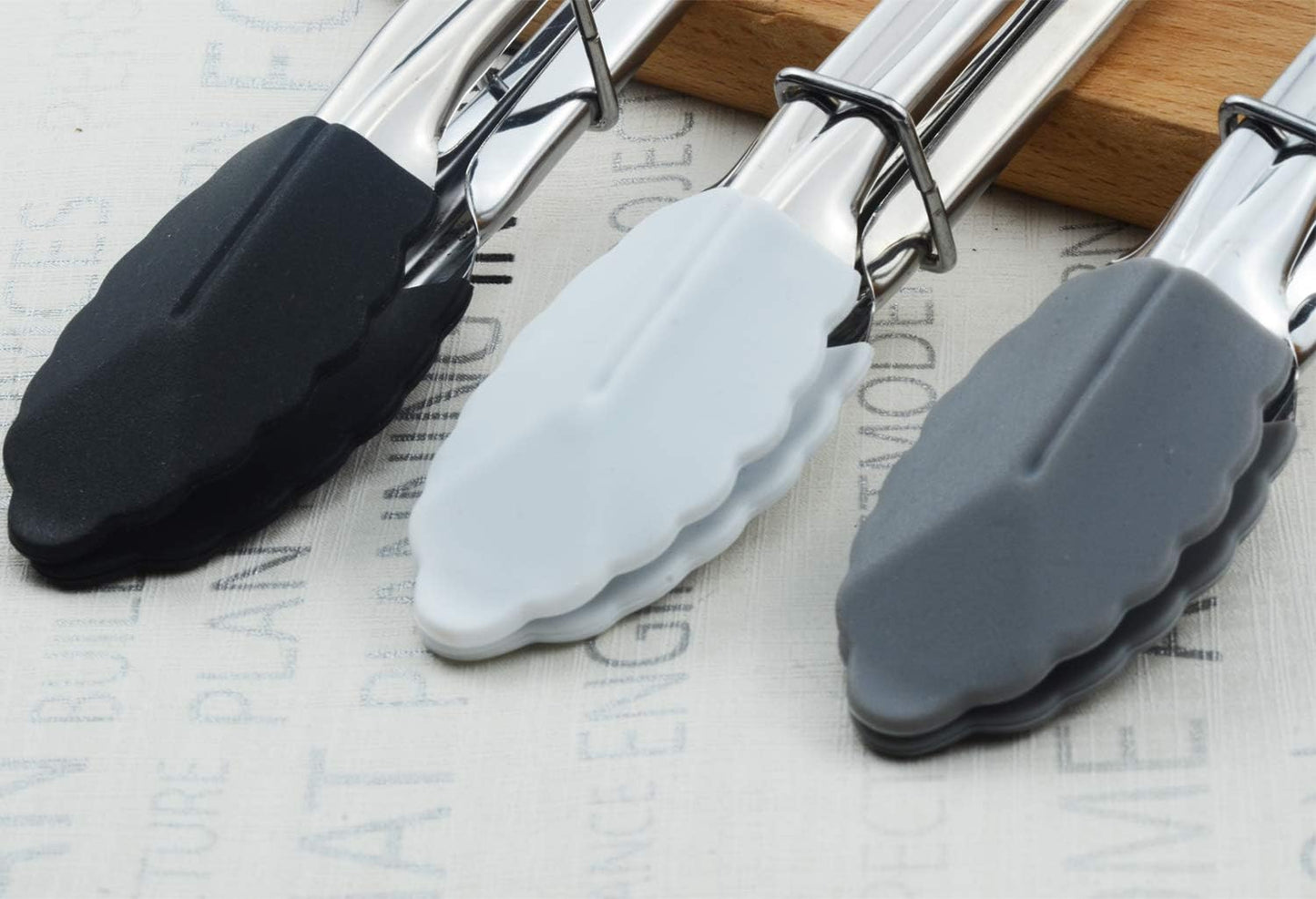 Mini Tongs with Silicone Tips 7-Inch Small Serving Tongs, Set of 3 (Black White Gray)