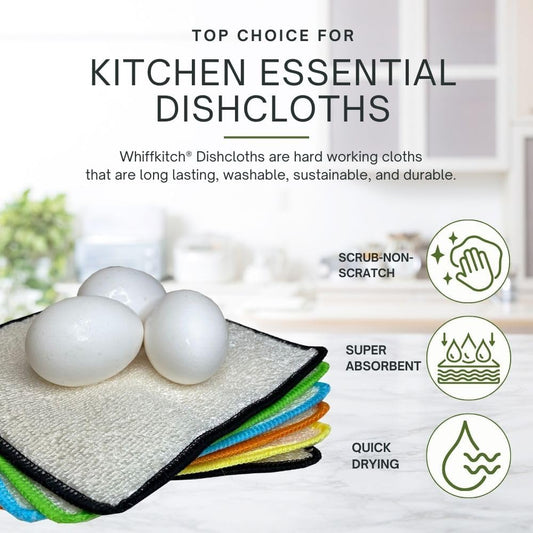 Whiffkitch Dishcloths Dishrags for Kitchen and Household Cleaning 6x7 6-Pack Non-Scratch 2-Ply Weave, Bamboo-Rayon Fabric, Absorbent, Washable, Long-Lasting
